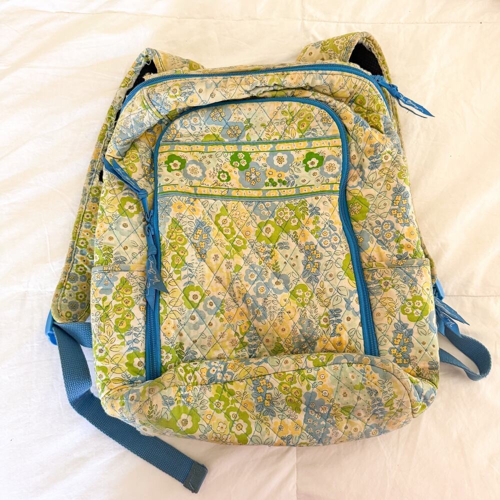 Vera Bradley Floral Laptop Backpack Blue Green Quilted School Travel Bag